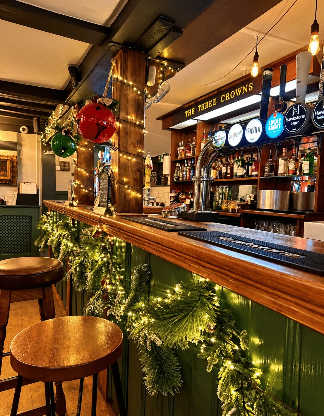 The bar at The Three Crowns decorated for Christmas