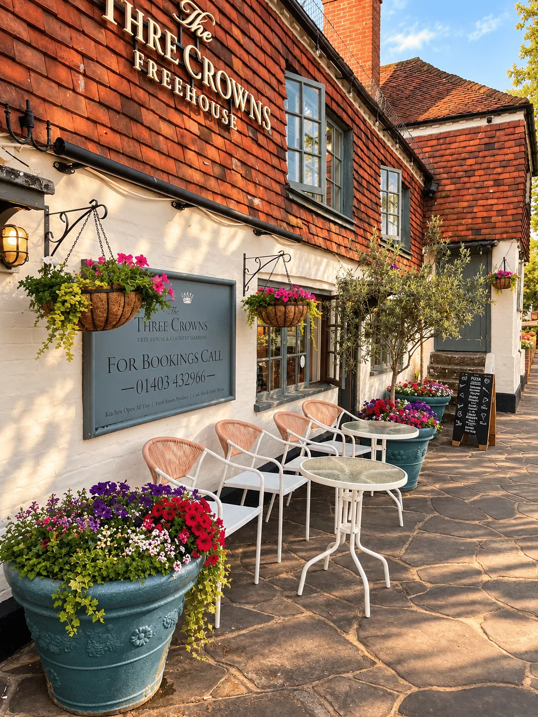The front of The Three Crowns, Wisborough Green, with hanging baskets and flowers